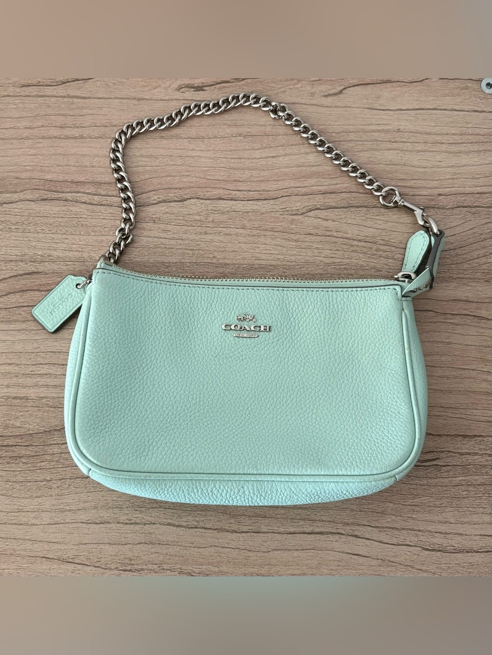 COACH Mint Green Pebbled Leather Shoulder Bag with Chain Strap